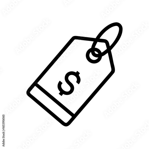A simple line drawing of a price tag with a dollar sign on it and a loop for hanging the tag up