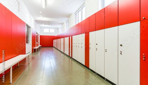 Red and white locker room hallway