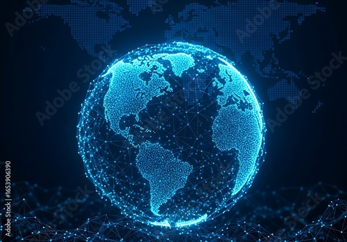 Fototapeta Naklejka Na Ścianę i Meble -  Illuminated digital globe with glowing blue lines and connections representing global data networks and futuristic technology on a dark background