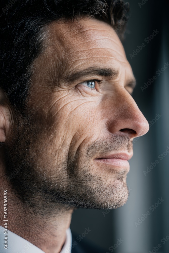 Obraz premium Businessman in profile thoughtful close-up in professional office