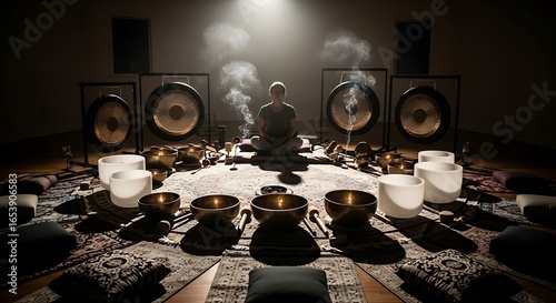 Serene Sound Healing Session with Gongs and Crystal Bowls Creating Peaceful Ambience and Promoting Relaxation and Mindfulness in a Spiritual Setting