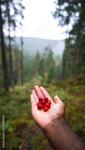 Handful of red berries in a forest setting, shallow depth of field