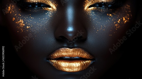 Shiny golden lips in dramatic light
