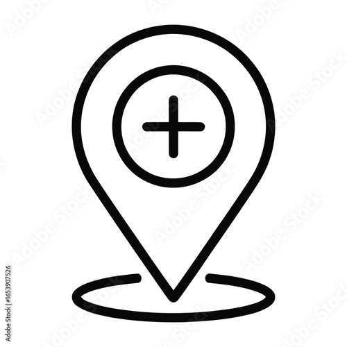 Hand drawn map pin icon with a plus symbol inside a circle representing a location or medical service