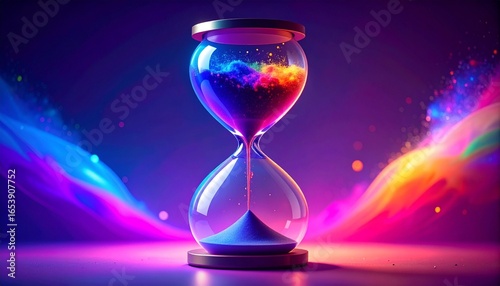 A vibrant, colorful explosion hourglass with liquid time dripping away, symbolizing fleeting moments of life against a dark, surreal, and mystical background