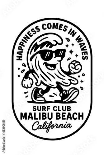 Malibu beach surf club design with cool girl and waves, retro surf black and white cartoon illustration
