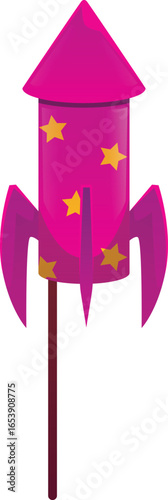 Firework rocket petard with wick stick cartoon vector, pink firecracker decorated stars pattern festive pyrotechnic tool