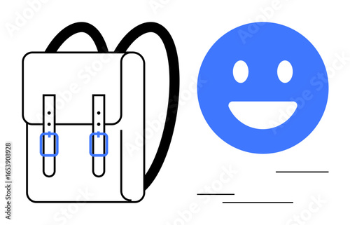 Backpack with double straps and blue buckles paired with a vibrant blue smiling face. Ideal for themes thumbs up travel, education, adventure, simplicity, fun, happiness, and a simple landing page