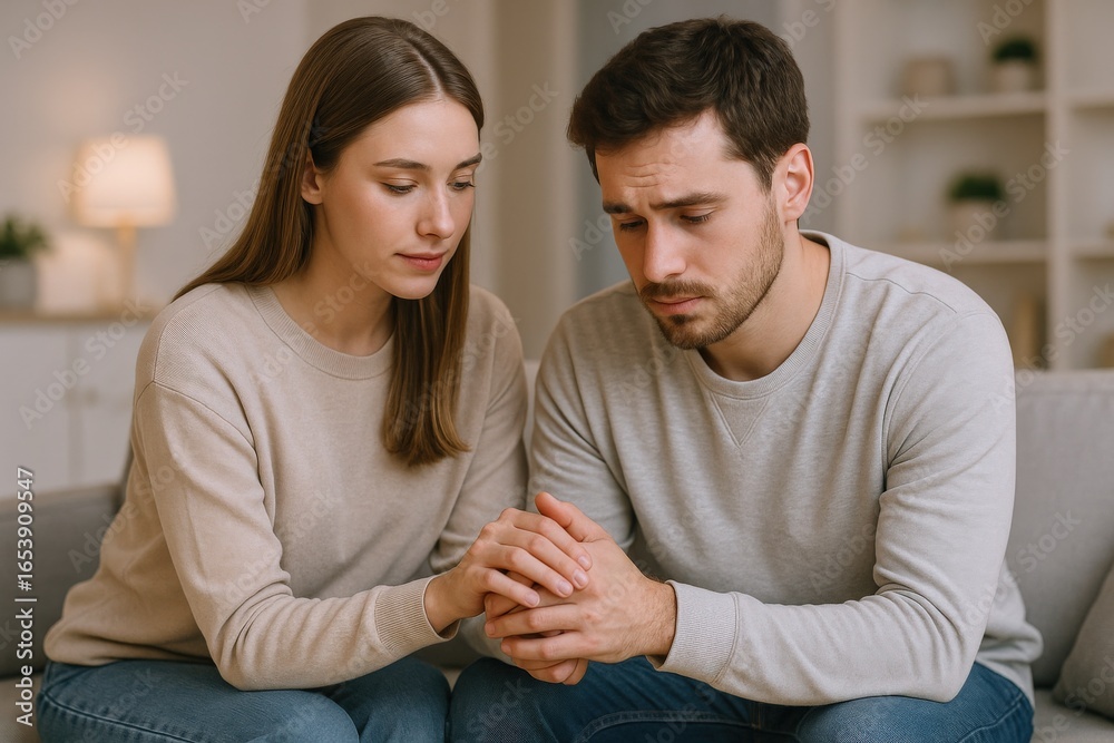 Obraz premium Sad Couple Experiencing Relationship Difficulties Sitting on Couch, Offering Support and Empathy During a Challenging Time