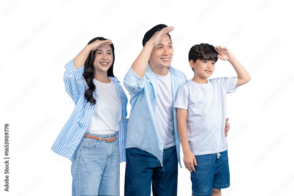 A family of three, shielding their eyes from the sun, looking towards the distance on png background A family of three, shielding their eyes from the sun, looking towards the distance on png background