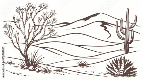 Vector Silhouette of Desert Landscape – Stylized Bushes and Hardy Plants Adapted to Arid Environments
