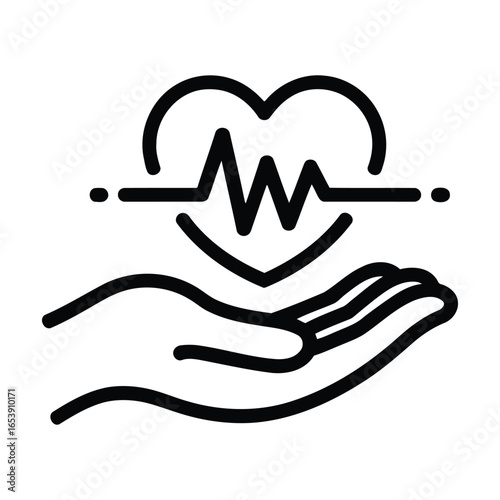 Icon of a hand holding a heart with a cardiogram pulse line representing health care and well being