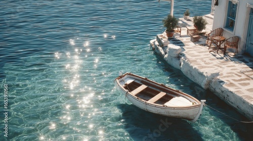 Seascape with Rowboat Moored Near Coastal Buildings on a Sunny Day in the Mediterranean