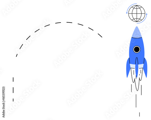 Rocket launching upwards with exhaust trail, dotted curved path, globe symbolizing global reach and innovation. Ideal for technology, exploration, progress, global growth, startups, space