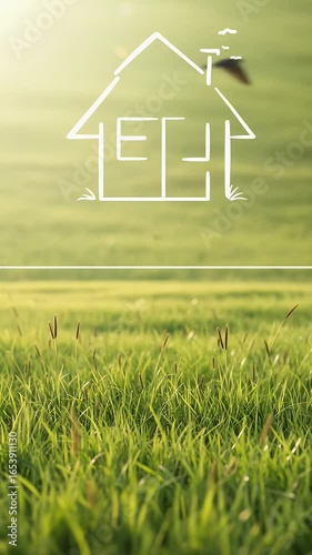 Abstract Home Outline Over Green Grassy Field With Flying Birds Background