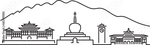 Thimphu Bhutan Skyline Silhouette, Asian Architecture and Mountain Landscape Design