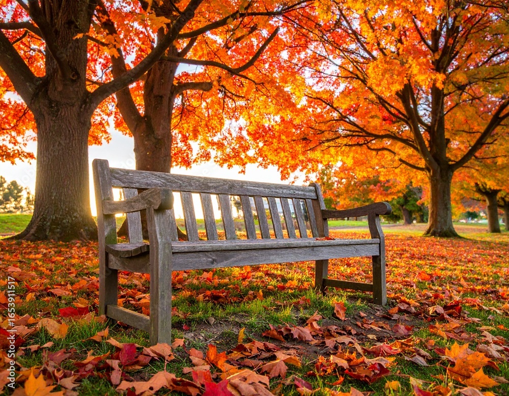 A wooden park bench sits amidst a carpet of colorful autumn leaves under trees with brilliant orange foliage. A wooden park bench sits amidst a carpet of colorful autumn leaves under trees with brilliant orange foliage.