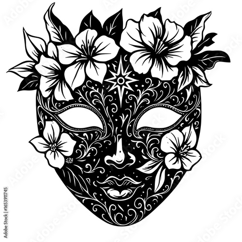 Decorative floral mask with flowers and closed eyes in black and white style
