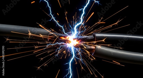 An electric short circuit with sparks and blue light on a black background