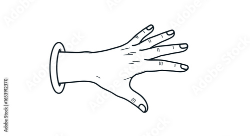Detailed White Line Art Illustration of a Hand with Fingers Spread Open on White Background Showing Anatomy and Gesture