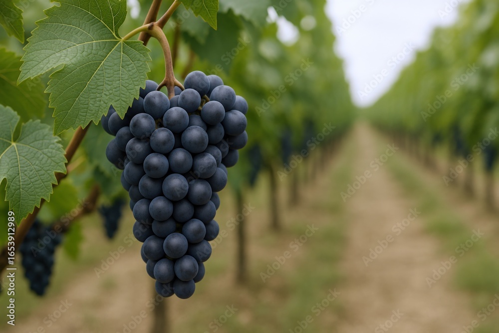 Fototapeta premium Lush Bunch of Red Grapes Hanging in a Vineyard, Representing Winemaking, Agriculture, and Viticulture