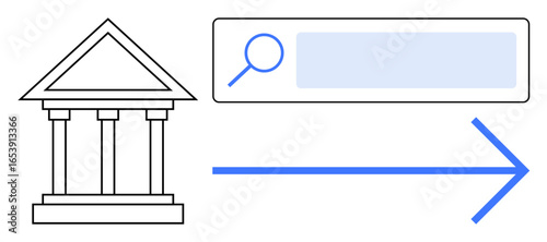 Classic government building, search bar, magnifying glass, and forward arrow for online services, innovation, research. Ideal for technology, access, future solutions efficiency applications