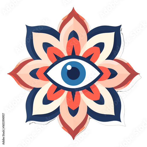 Geometric Eye in Lotus Flower Mandala with Navy Blue and Coral Accents Sacred Symbolism for Spiritual and Meditative Visualizations
