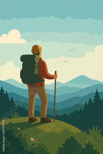 Flat illustration of man hiking in mountain landscape, symbol of eco tourism and nature adventure.