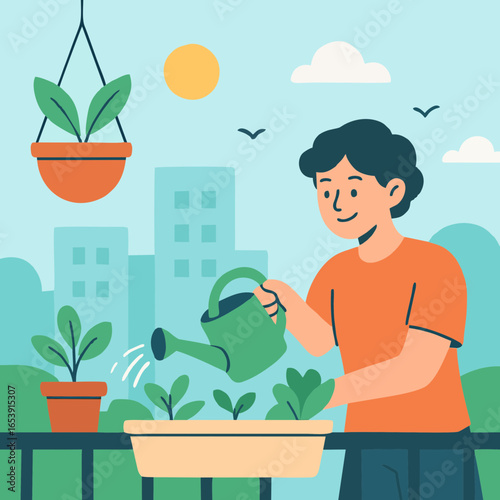 Man watering houseplants as part of eco lifestyle and nature care.