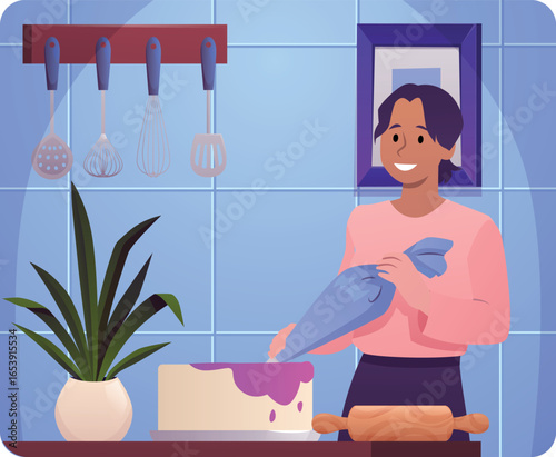 Woman confectioner cooking cake, applies cream, decorates, baker preparing sweet dessert, vector flat culinary bakery