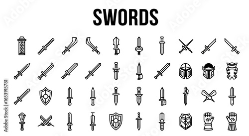 Swords icons set: weapon, medieval, and historical combat symbols.