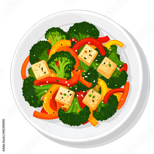 Overhead View of a Vibrant Tofu Broccoli Dish with Orange and Red Bell Peppers on a White Plate Ready to Eat