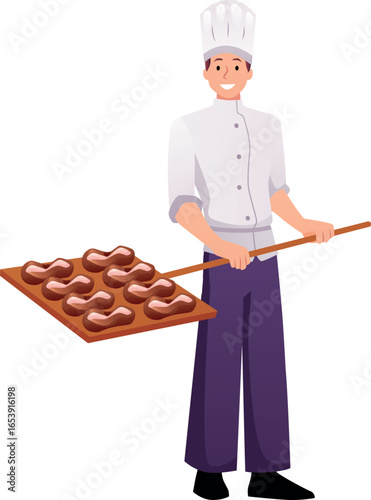 Man confectioner presenting trays with dessert, eclairs with chocolate glaze, cartoon vector culinary baker in uniform