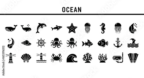 Ocean icons set: sea, water, and marine life symbols.