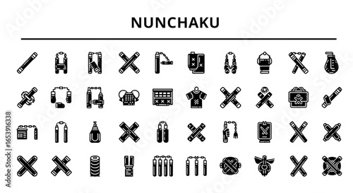 Nunchaku icons set: martial arts, weapon, and ninja symbols.