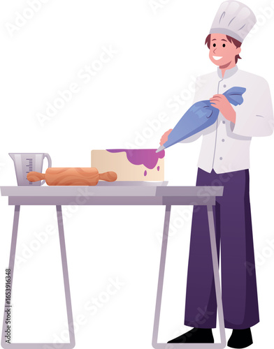 Man confectioner cooking cake, applies cream with pastry bag, vector confectioner at work, bakery and pastry