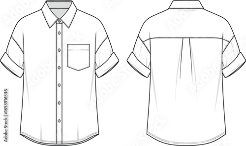 Short sleeve button up shirt technical flat sketch, CAD fashion drawing, vector illustration, front and back view with pocket detail