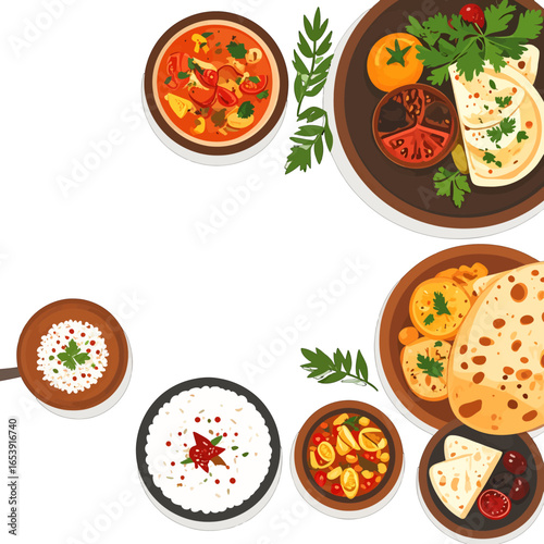 Overhead View of Various Indian Dishes with Rice Vegetables and Bread on Wooden Plates against a White Background