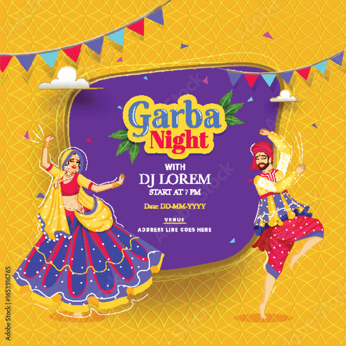 Creative Garba Night poster or invitation card design with couple dancing on abstract bakground and event detail.