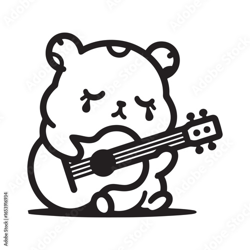 Sad cartoon hamster playing an acoustic guitar with closed eyes on a white background musician music