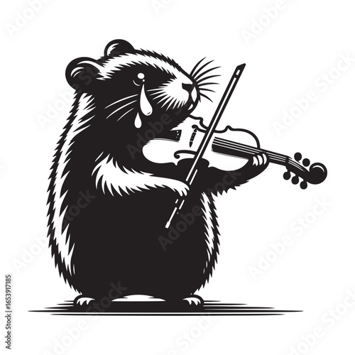 Black and white illustration of a hamster playing the violin with a tear on its cheek rodent animal