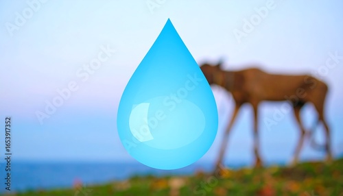 Blue water drop graphic over blurred landscape of a moose