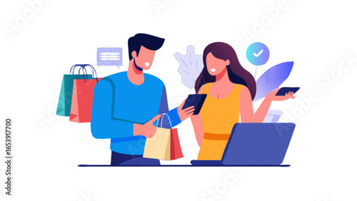 Online shopping and ecommerce concept with man and woman using technology for purchasing goods online