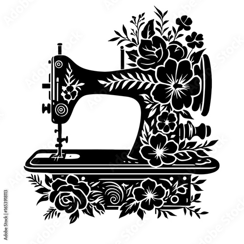 Floral Sewing Machine Illustration – Decorative Black and White Vector Design
