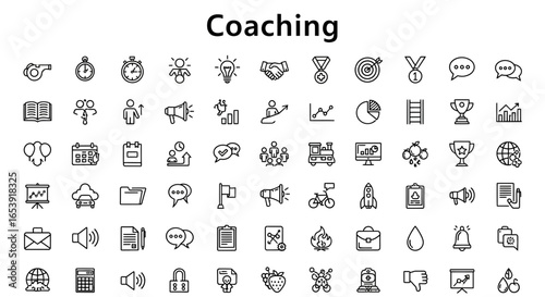 Coaching icons set: business, mentoring, and professional guidance symbols.
