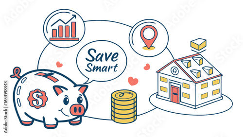 Save money for real estate investment and financial growth with piggy bank and coin stack illustration