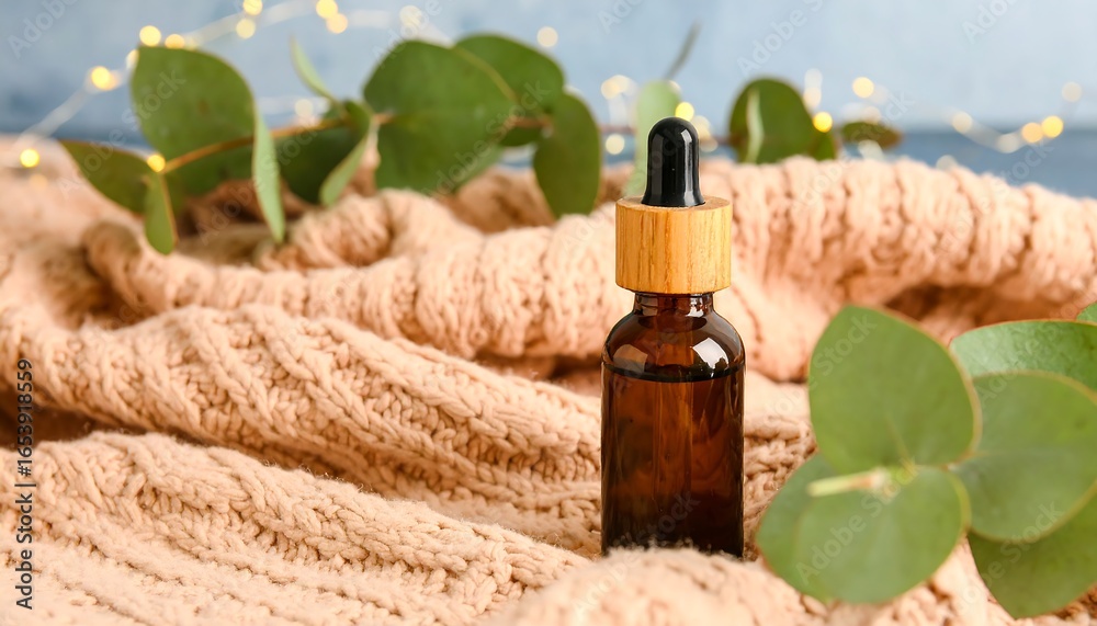 Naklejka premium Amber Essential Oil Bottle on Knit Fabric