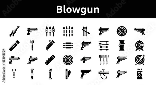 Blowgun icons set: weapons, hunting, and tribal symbols.