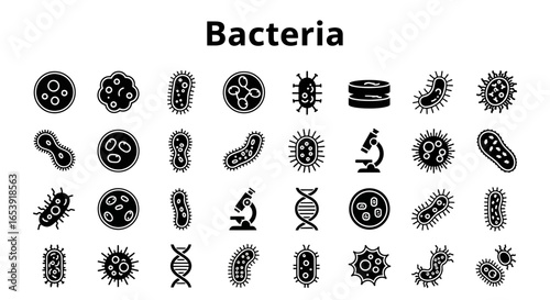 Bacteria icons set: microbes, germs, and biology symbols.
