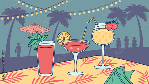 Tropical summer cocktails on beach with palm trees and string lights vector illustration design art
